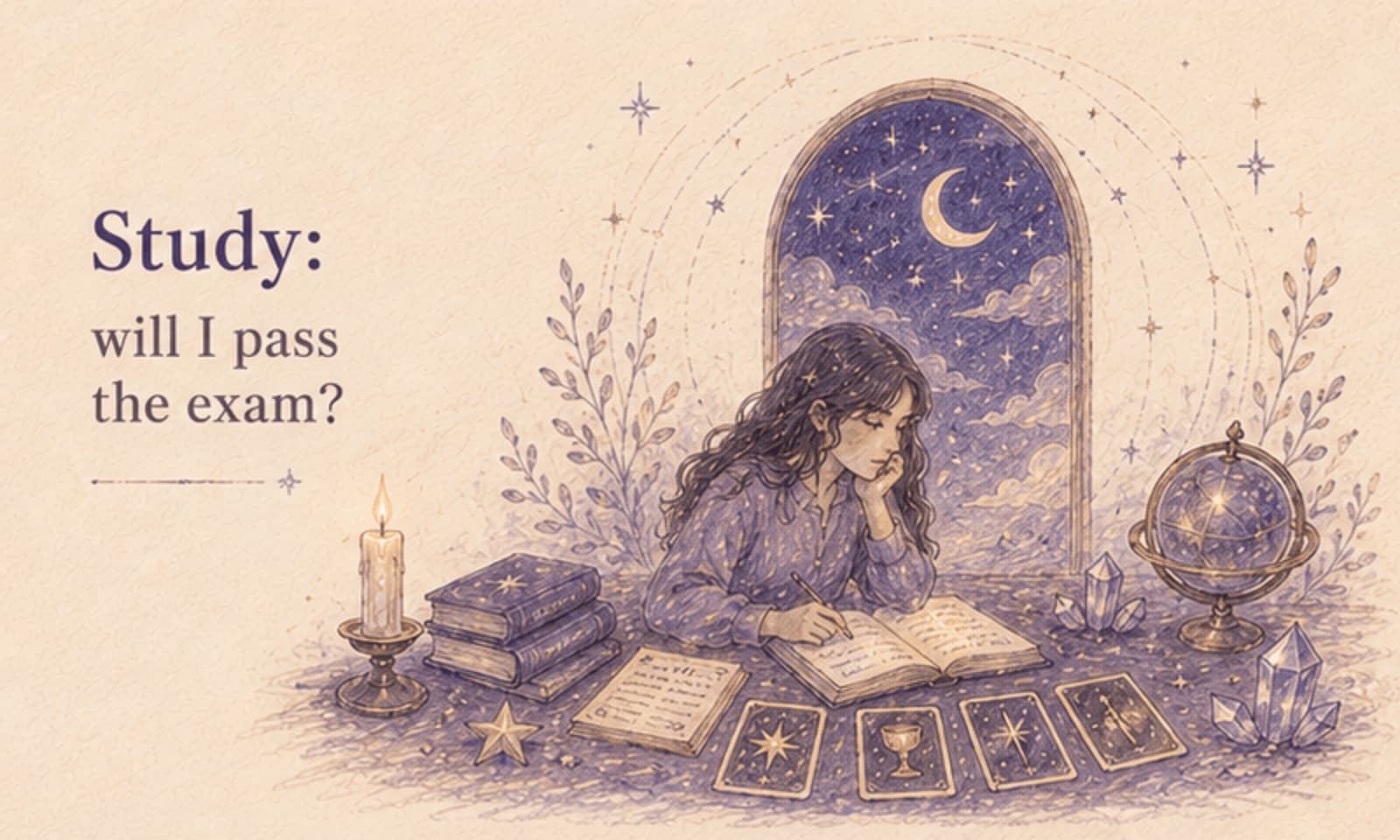 Tarova.ai study tarot reading scenario focused on exam preparation